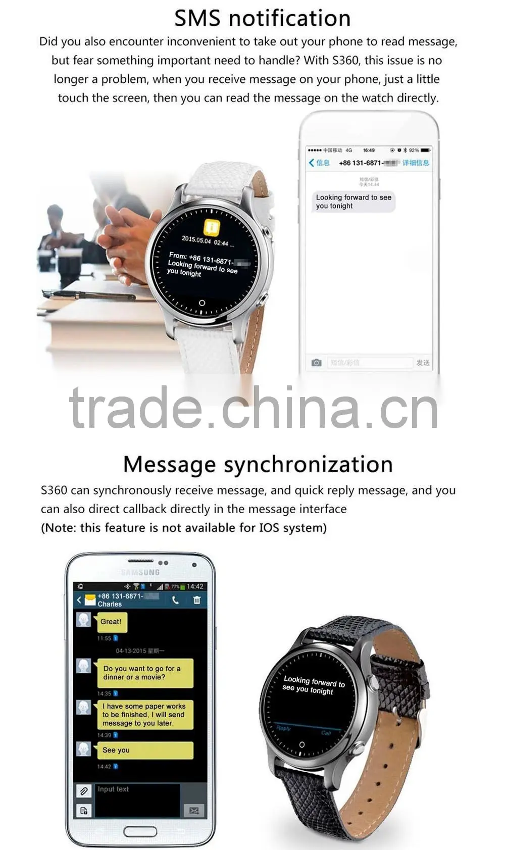 raising hand up light up open looking phone leather band women 8 interface S360 smart watch