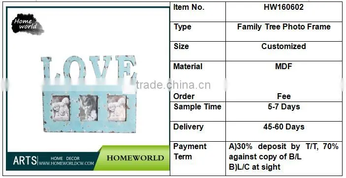 Popular retro decorative light blue MDF family tree love photo frame