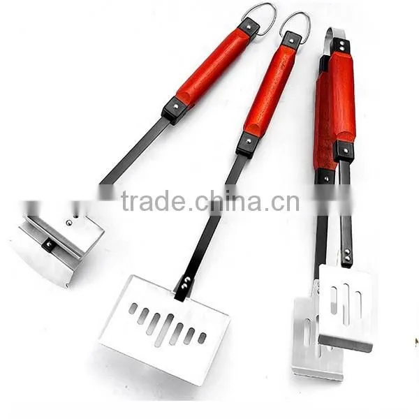 Wholesale 3pc Wooden Handled carbon steel Barbecue Tool Set for Outdoor BBQ