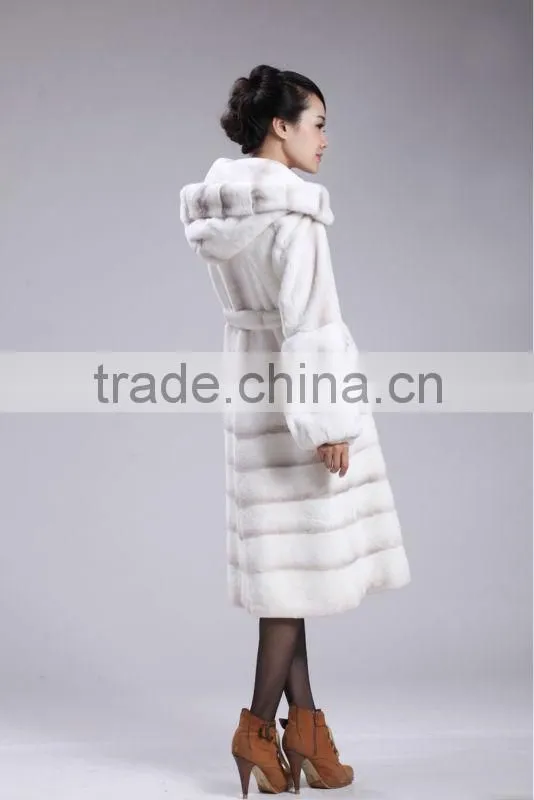 hooded spray painting rex rabbit fur coat with mink trim