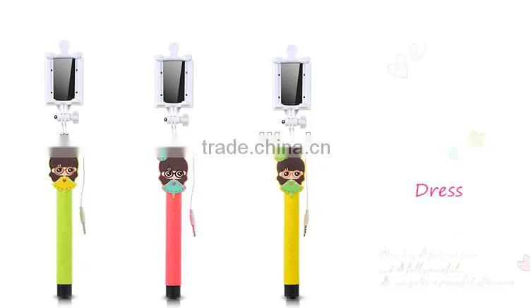 2015 Wholesale Lovely Cartoon Girl Design Portable Selfie Stick Wired Control
