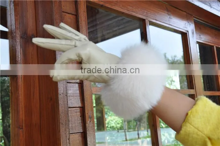 2016 New Product Real Leather Gloves With Genuine Fox Fur Cuff Leather Glove