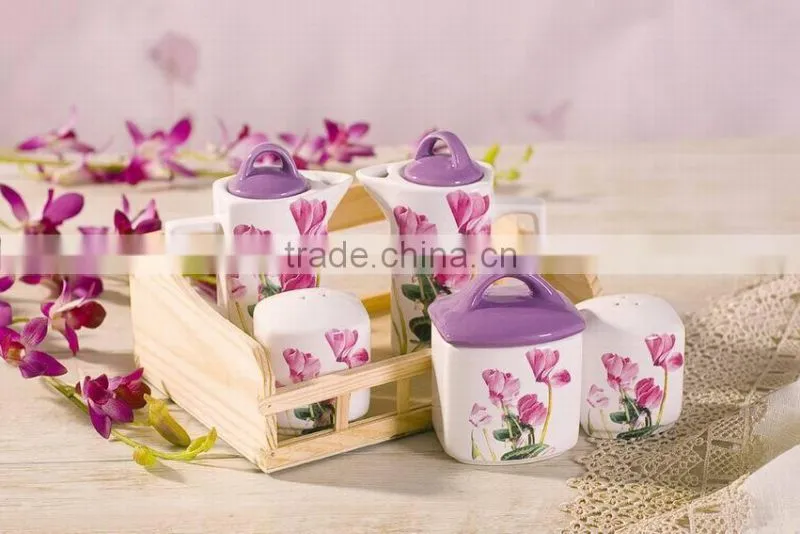 Wholesale Black Ceramic Salt Pepper Oil and Vinegar Set with Wooden Stand