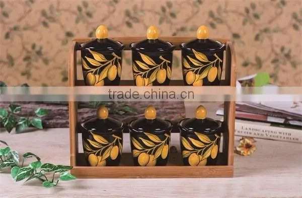 Yellow Flower Decal Ceramic 6 PCs Kitchen Spice Canisters with Wooden Stand
