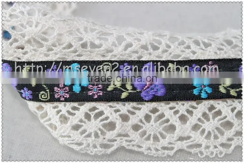 4.5cm width embroidery flower jacquard ribbon, embroidered woven fringed jacquard ribbon