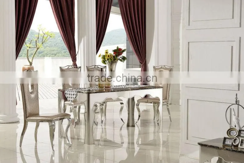 Rectangular Dining Table with marble Top Metal Legs, Silver Finish TH335