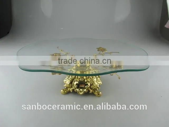Hanging crystals cake stand, rectangle golden glass cake plate with footed and handle