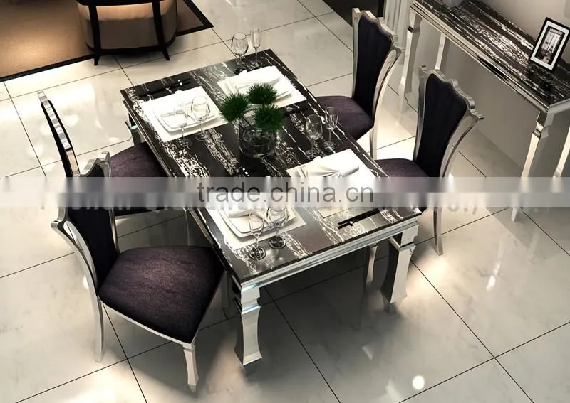 Modern hot sale marble top stainless steel frame dining table set with 6 seater