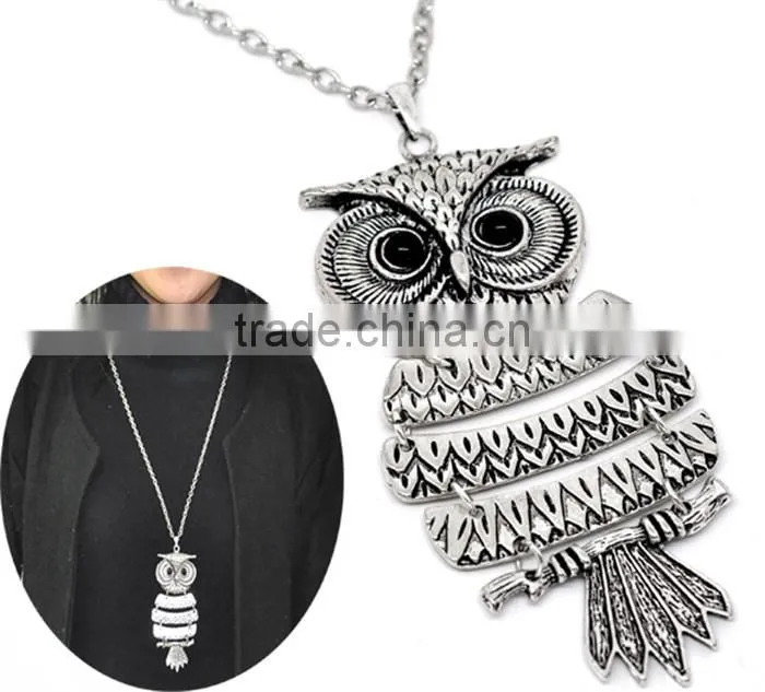 Vintage Antique Silver Owl Halloween Ornaments Pendant Necklaces 27-1/2"