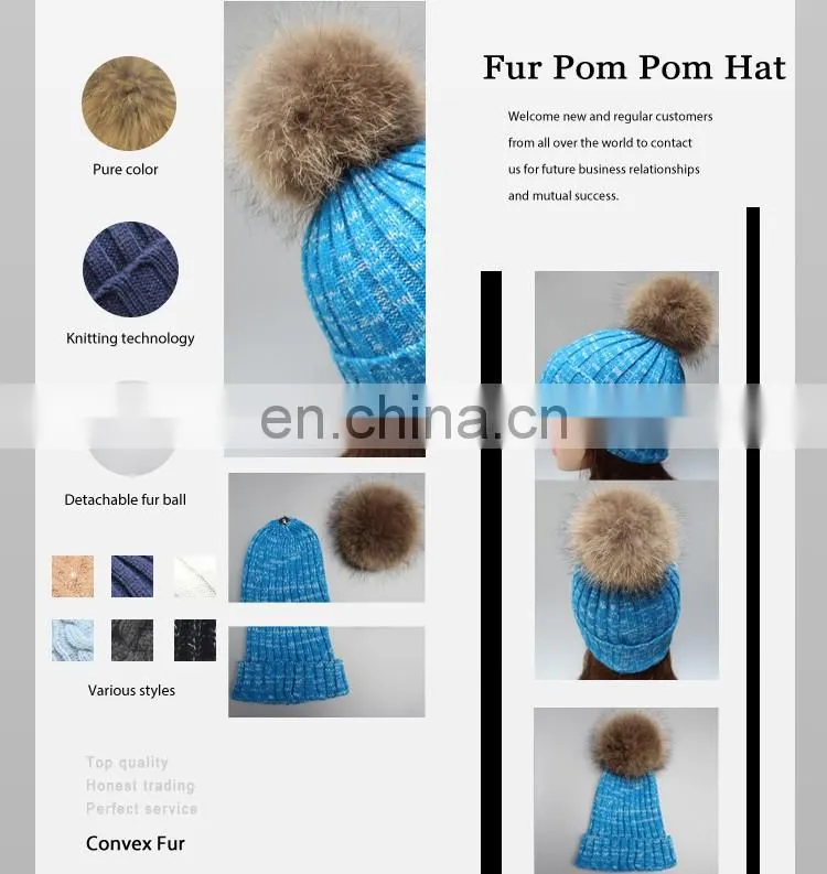 New product colorful knit hats wholesale fancy raccoon fur ball women floppy hat