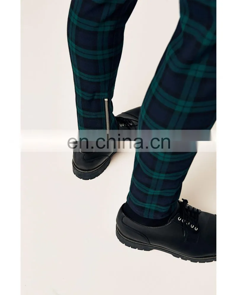 New Style Wholesale Man Fashion Slim Fit Checked Trousers With Zips