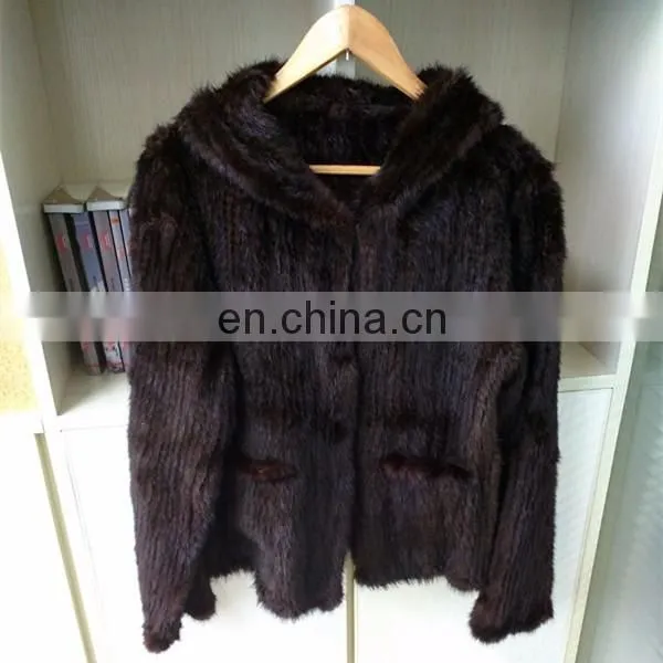Knitted mink fur coat with hood North American Canada style Bomber jacket