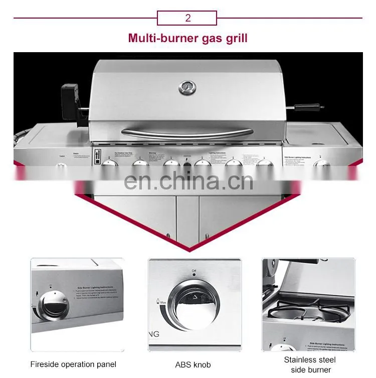 Household Commercial Outdoor Family Day Use 6 Burner+1 Side Burner Gas Grill with Cabinets Wheels Stainless Steel Gas BBQ Grill