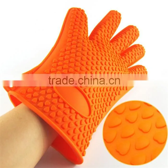 Wholesale kitchen cooking work gloves with fingers, heat resistant BBQ silicone oven gloves, non-slip oven gloves