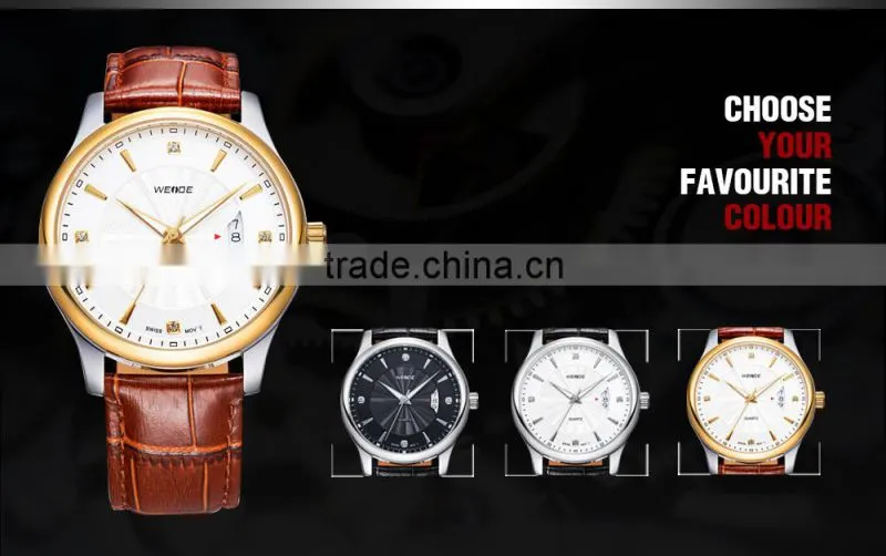 WEIDE 3 Atm Water Resistant Stainless Steel Watches Leather Wrist Straps Gold Men Watch