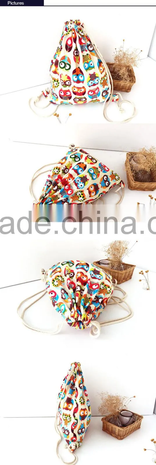 Enrich Drawstring Bag Canvas Cute Owl Design