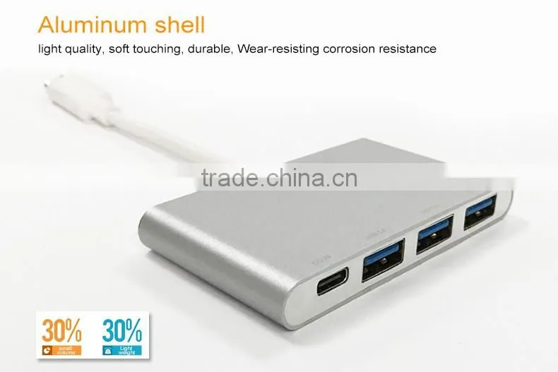 USB Type-C 3.1 Hub, USB-C to 3-Port USB 3.0 Aluminum Hub with 1 Type C Charger Port for the New Macbook, Google Chrome Book