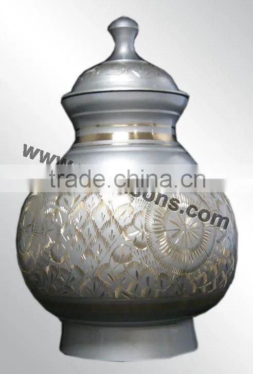 Handmade Stylish Metal Cremation Urns in small and large sizes in brass and aluminium with decoration