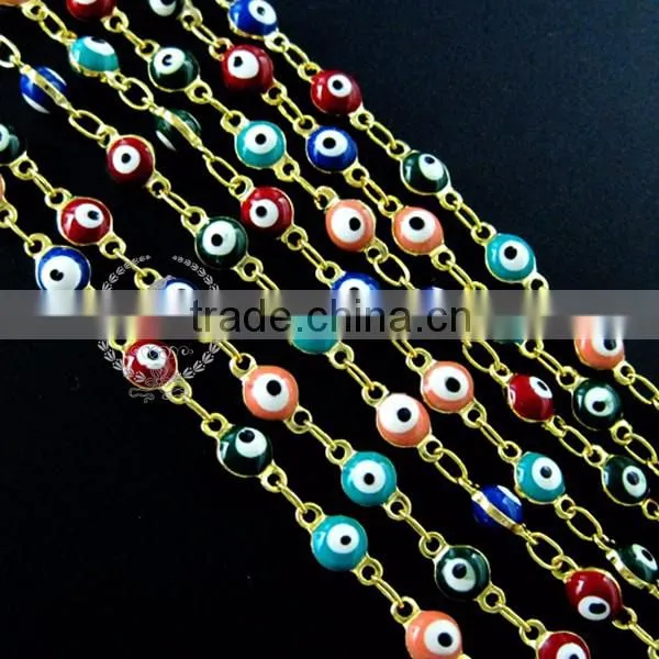 5mm red,pink,green,blue enameled Turkish evil eye beads links gold plated brass necklace chain DIY supplies 1315012