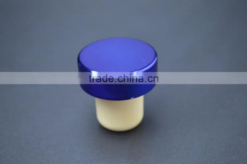 Blue aluminum cap with synthestic cork wine bottle stopper