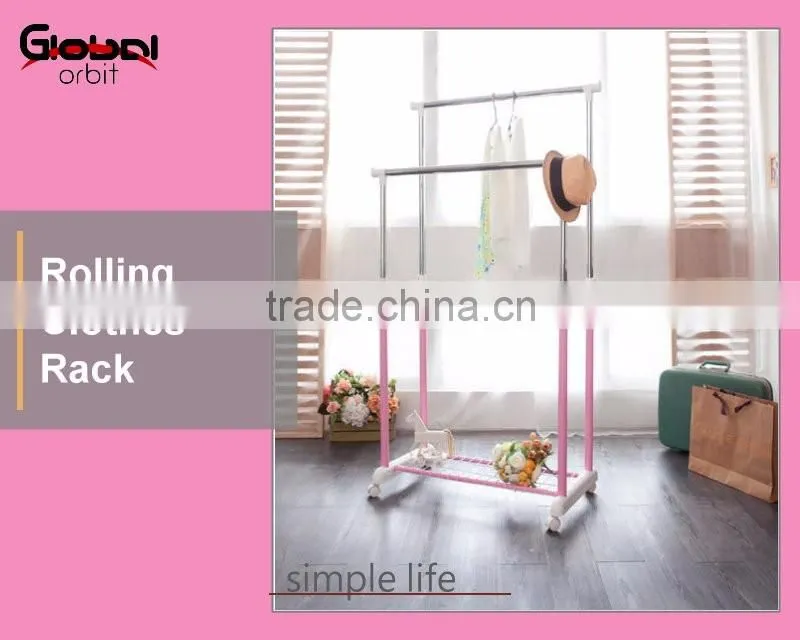 Laundry Room Adjustable 2 Tire Double Rolling Garment Rack Clothes Rack