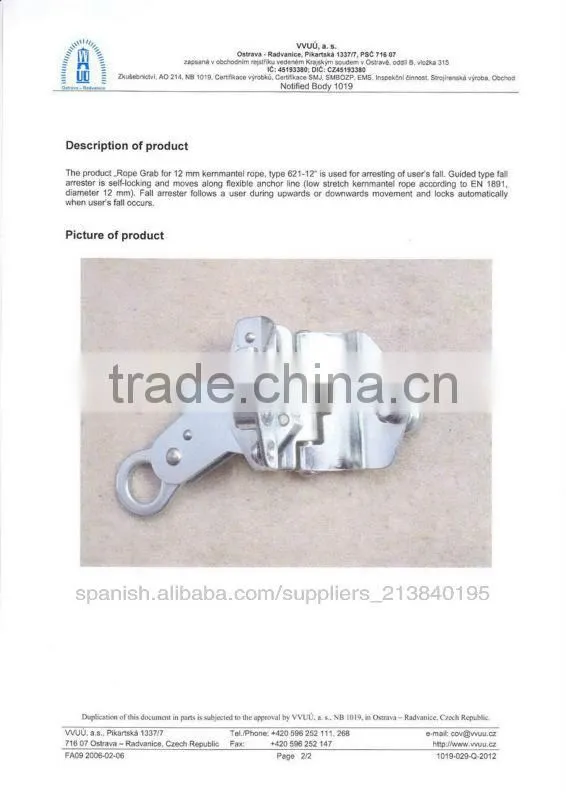 607-12 For synthetic rops steel 12mm component fall arrest system rop grab