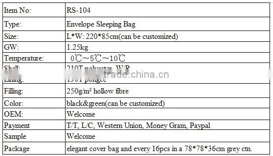 Competitive Price Cotton Filling Envelope Sleeping Bag