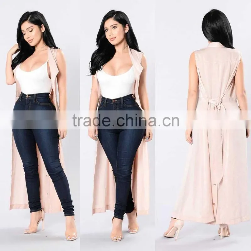 Vest Duster 100% Polyester Satin Waist Belt Long Maxi Open Sleeveless Top Jacket Collar Plain Cardigan Open Duster Blazer Vest