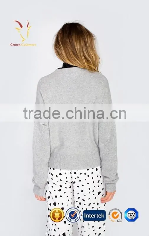 Women Grey Fashion Cashmere Pullover With Flower Neck