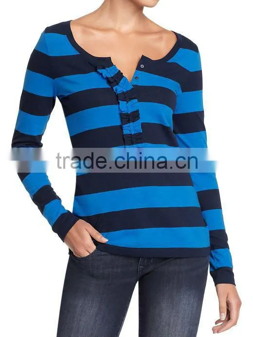 Womens striped long sleeve t shirt with ruffled placket