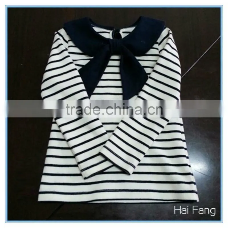 OEM Custom Children Girls Long Sleeve T Shirt, Cotton Bowknot Round Collar T Shirt, Stripe T Shirt