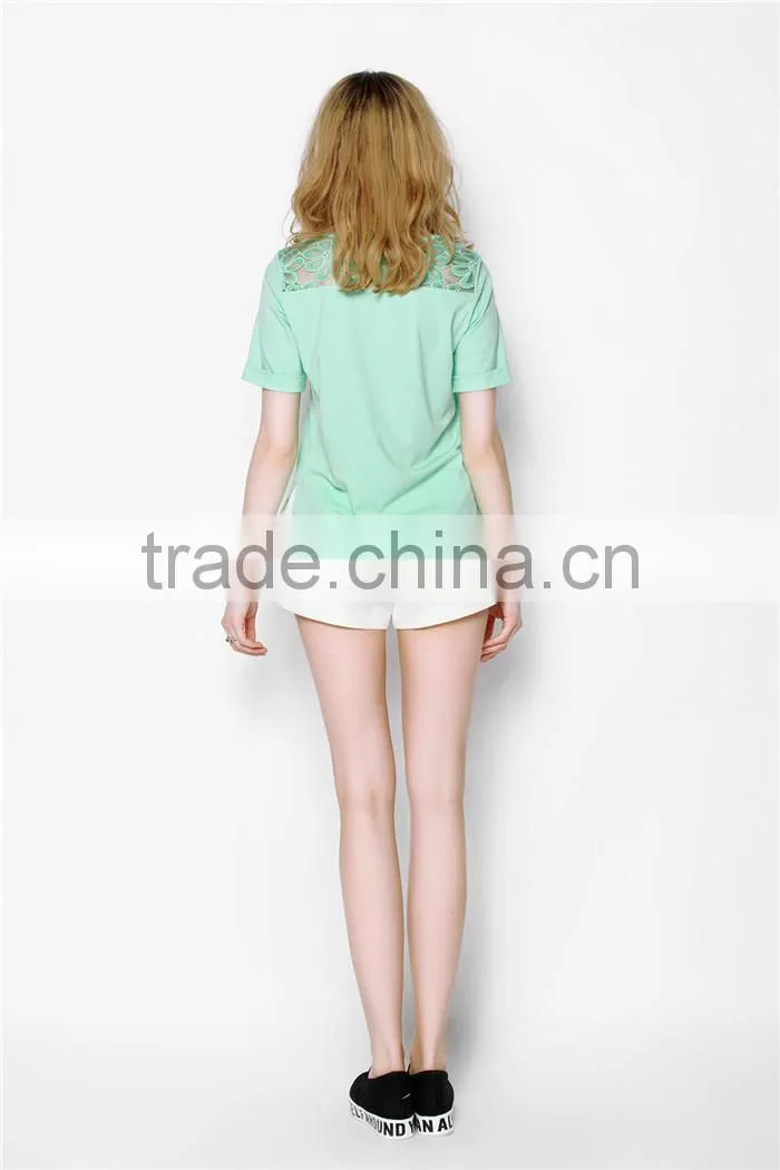 high fashion summer short sleeve lace printed designed crochet top fashion blouses 2015, design short sleeves elegant blouses