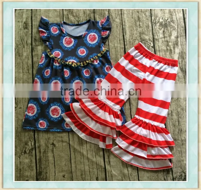 2017 stylish girl outfit clothing dancing girl pattern print top and bule ruffle pant baby wear clothes