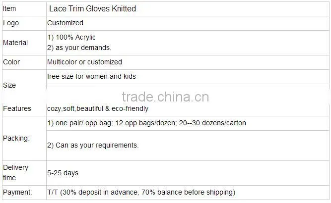 2015 New Design Knitted Lace Trim Gloves/New Pop Button Sided Lace Trim Mma Gloves Wholesale