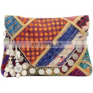 VINTAGE BANJARA EMBROIDERY SUEDE ETHNIC PATCHWORK HANDMADE MIRROR TRIBAL BAG