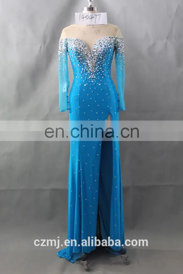 2016 sexy side split backless see through long sleeve evening dress