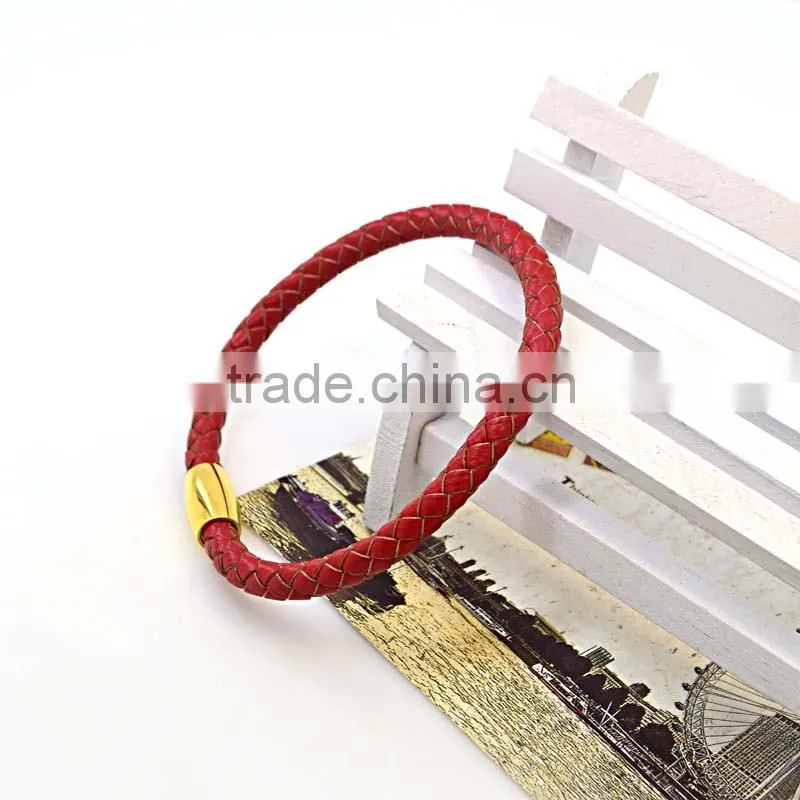 Fashion Stainless Steel Plated 18K Gold Clasp Red Leather Friendship Bracelet