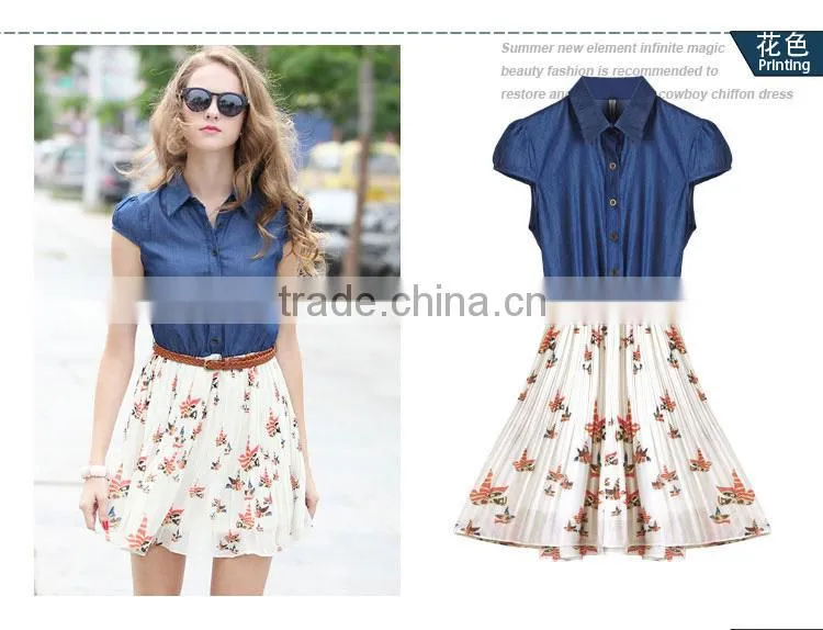 2015 New arrival New Style Fashion Women real comfort clothing Denim Matching Printing is one-piece Chiffon Dresses east