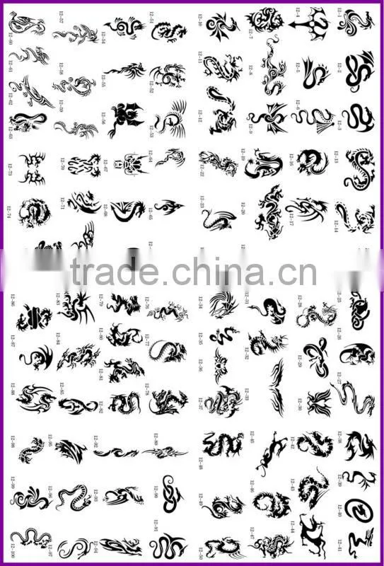 100 designs Dragons Airbrush Tattoo Stencil Template BOOK 12, 4 designs on each A4 sheet.