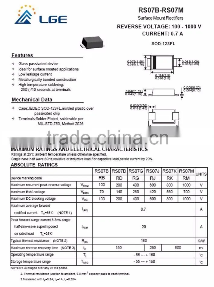 RS07J Fast Recovery Rectifier 1.0A 600V SOD-123FL
