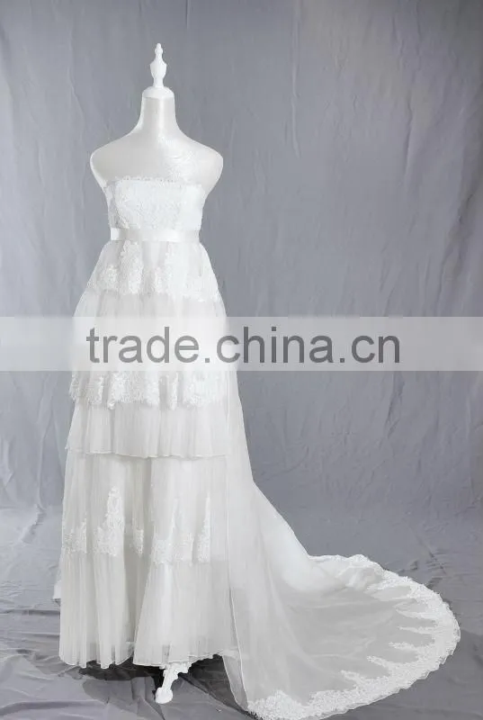 Strapless Empire Waist Tiered Lace & Pleated Silk Organza A-line Maternity Gown 2013 with Detachable Chapel Train WY0039-1