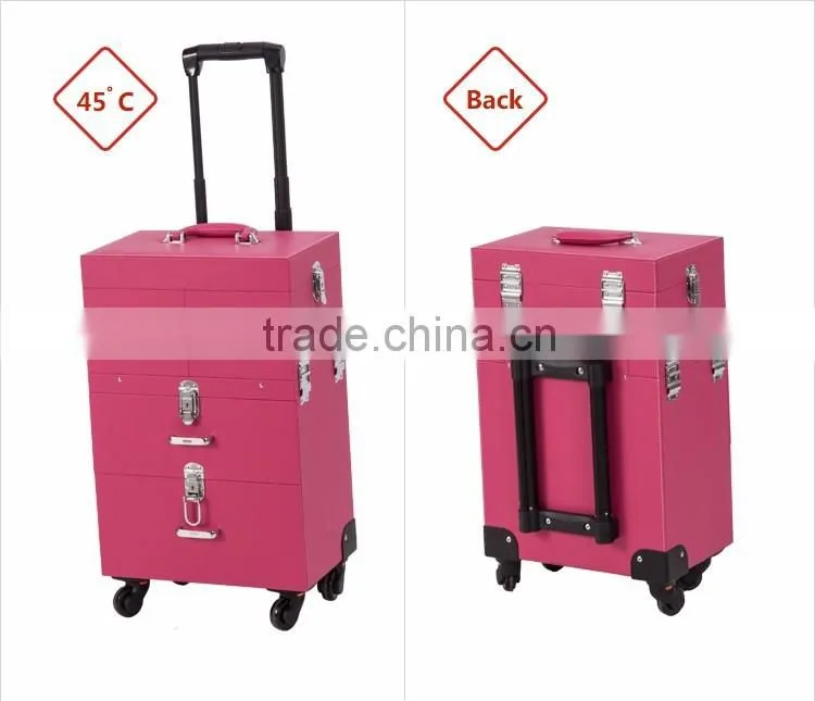 Wholesale PVC Material Portable Red 4 Wheels Makeup Case With Cosmetics Display Shelf
