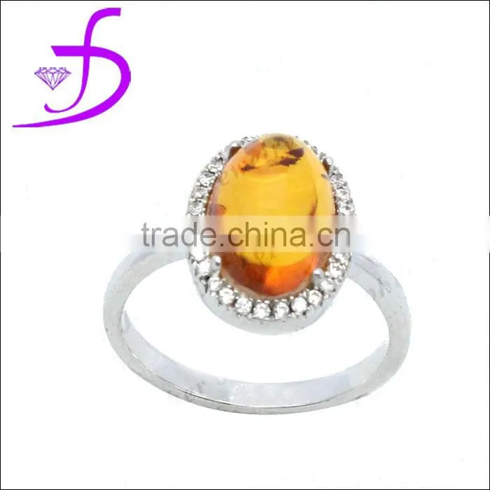 2014 hot design natural stone ring amber ring with CZ