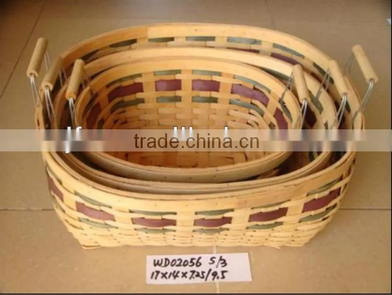 Mixed colour weaving wooden wood chip baskets with handles