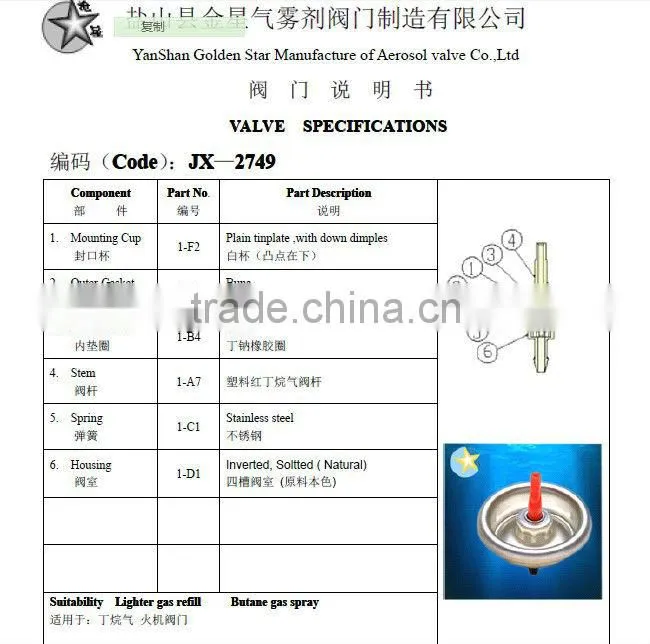 Gas lighter valve with metal stem