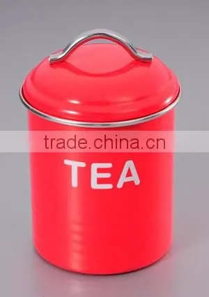Colorful metal canister for confectionery or tea storage in kitchen pantry or for party catering