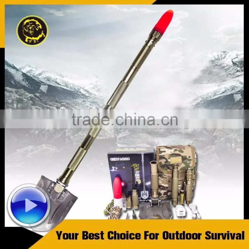 Heavy Duty Multi-function Compact Tactical Security Gear with Shovel Hoe Hammer Knife Flashlight Fire Starter