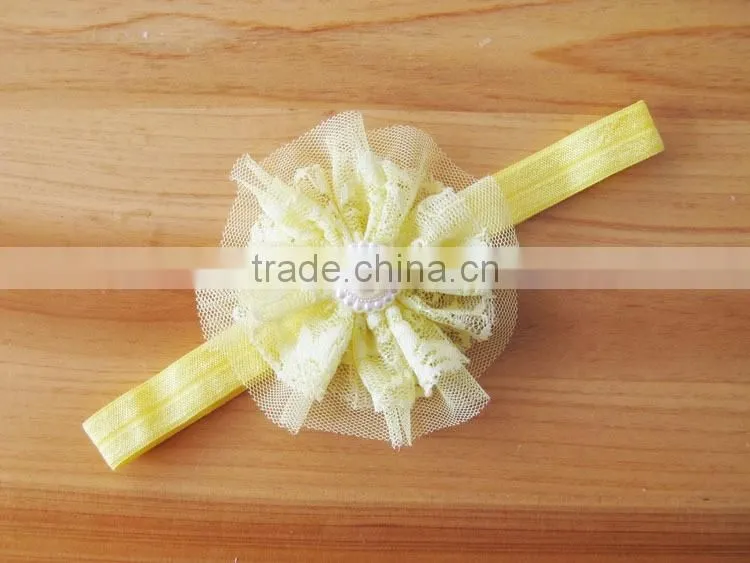 lace flower headband with pearl rhinestone in center for kids hair accessories