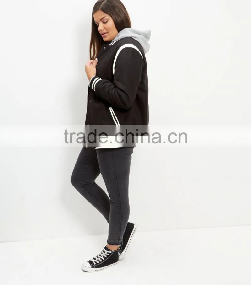 Plus Size Clothing Manufacturer Wholesale Black Stripe Trim Bomber Varsity jacket Plus Size