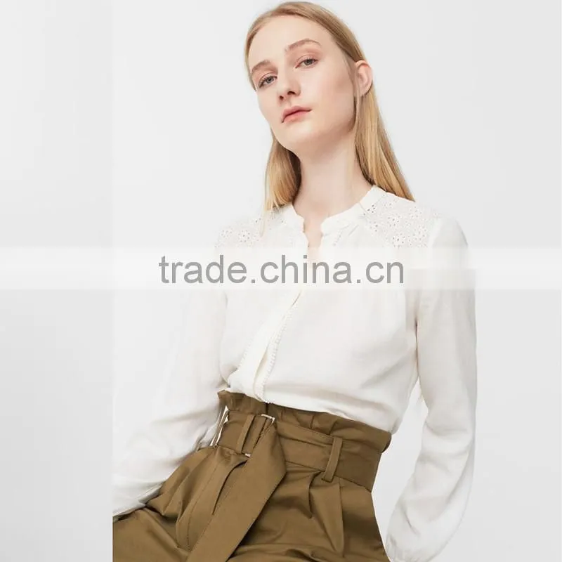 HOT SALE nice long sleeve with buttoned cuff,women openwork trims blouse